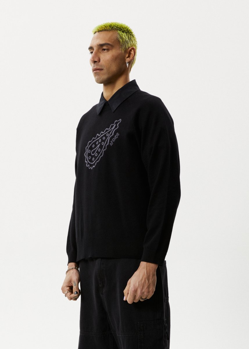 Afends Mens Heritage - Raglan Knitted Crew Neck Jumper - Black#Mens Outer - Fleece & KnitAfends