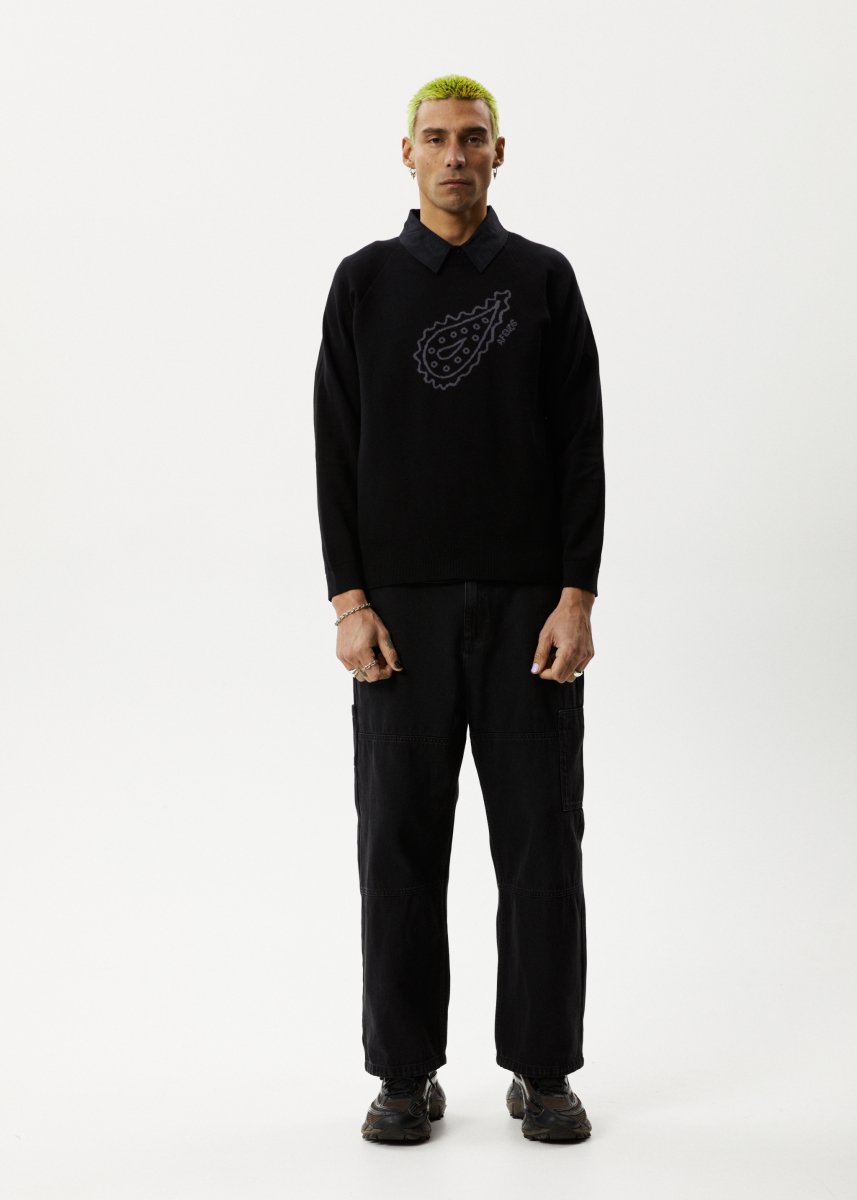 Afends Mens Heritage - Raglan Knitted Crew Neck Jumper - Black#Mens Outer - Fleece & KnitAfends