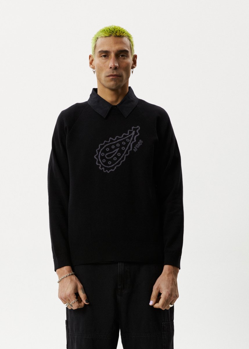 Afends Mens Heritage - Raglan Knitted Crew Neck Jumper - Black#Mens Outer - Fleece & KnitAfends