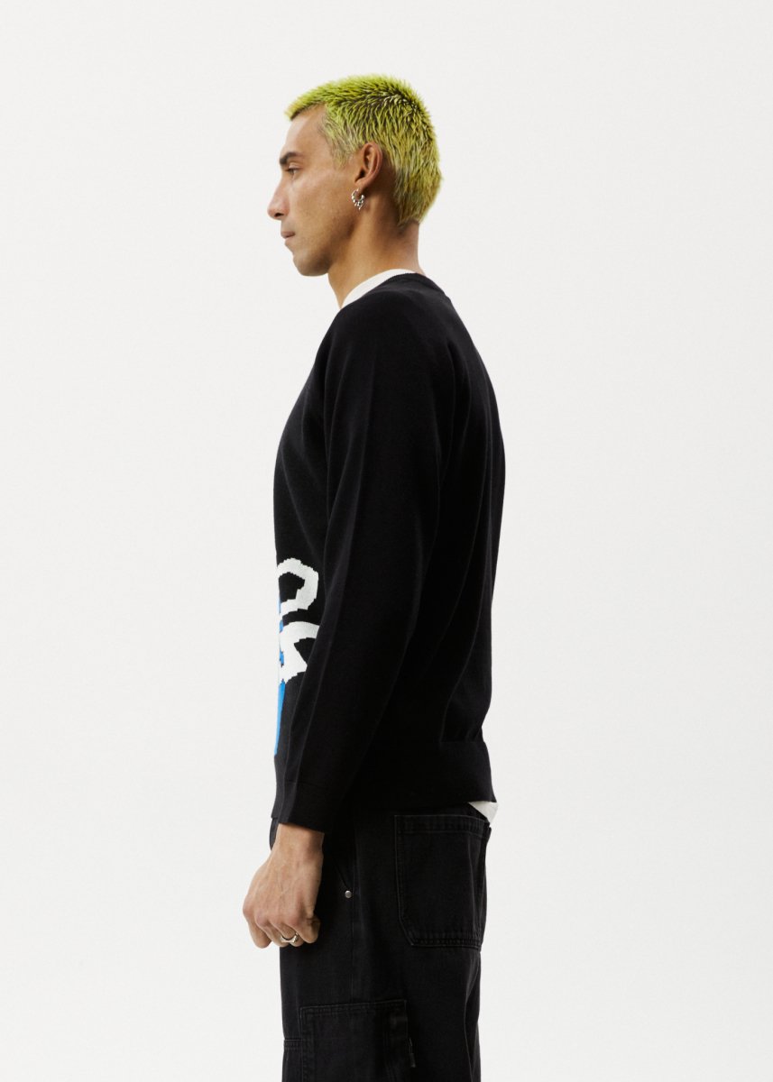 Afends Mens Orbital - Raglan Knitted Crew Neck Jumper - Black#Mens Outer - Fleece & KnitAfends