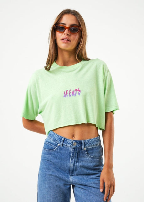 Afends Womens Electric Slay Cropped - Hemp Oversized T-Shirt - Lime Green#Womens Tops - T-ShirtsAfends