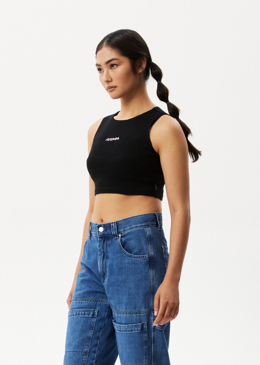 Afends Womens Lilah - Pointelle Cropped Tank - Black#Womens Tops - SleevelessAfends