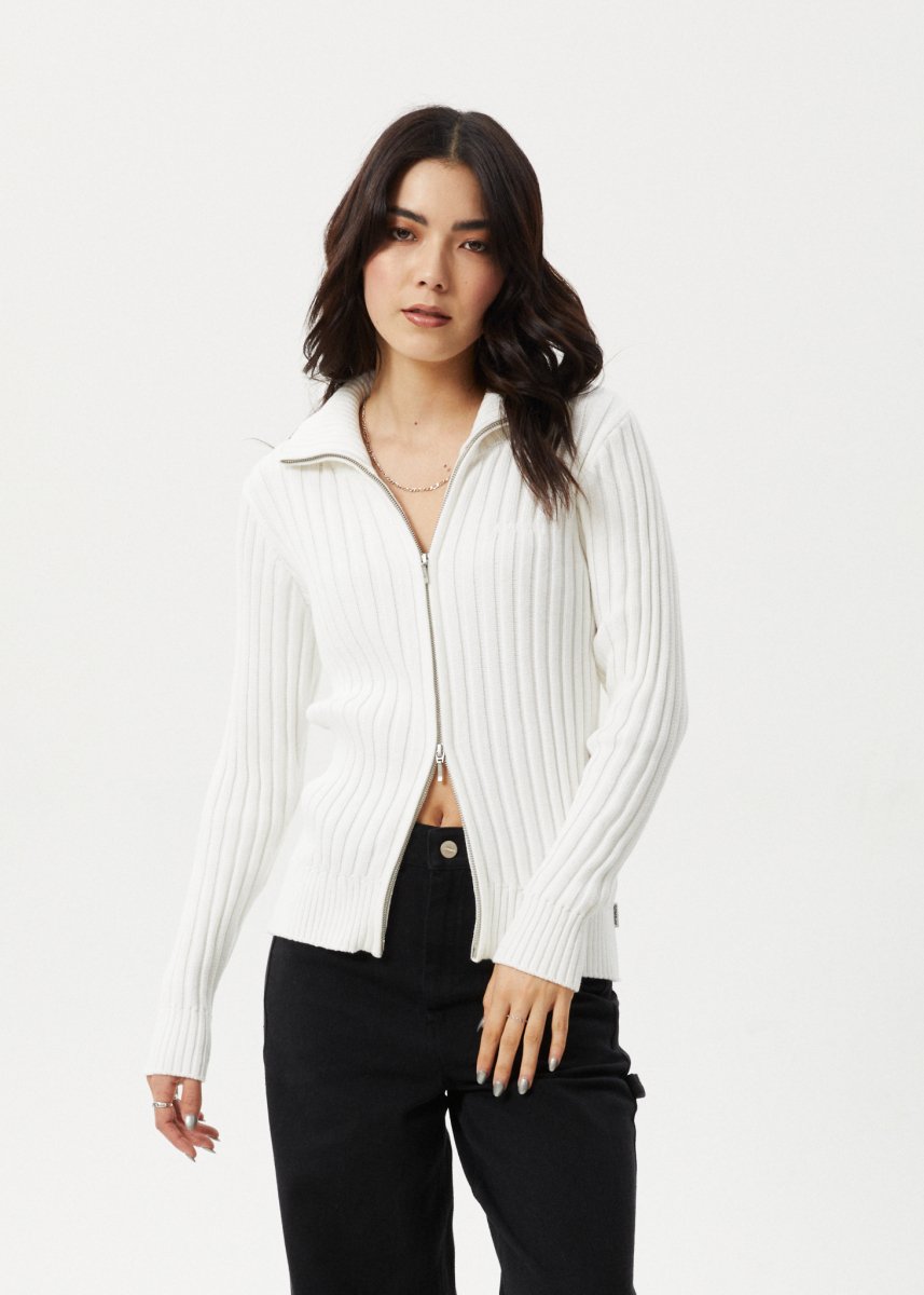 Afends Womens Vision - Knit Zip Through Cardigan - White#Womens Outer - Fleece & KnitAfends