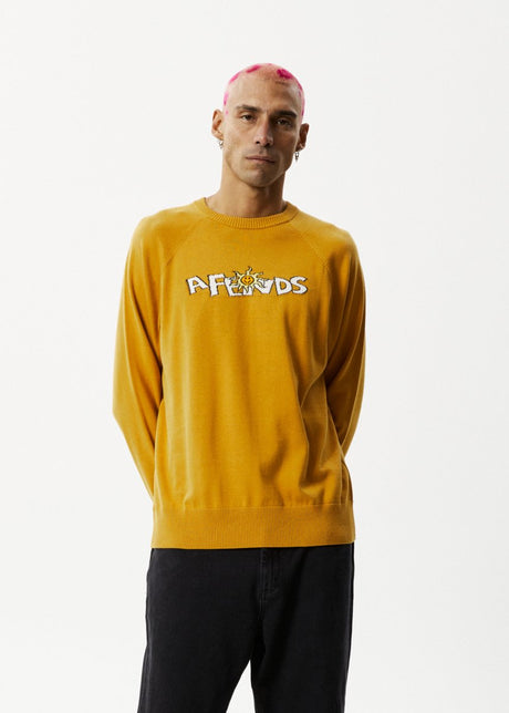 Afends Mens Farming - Knitted Crew Neck Jumper - Mustard#Mens Outer - Fleece & KnitAfends