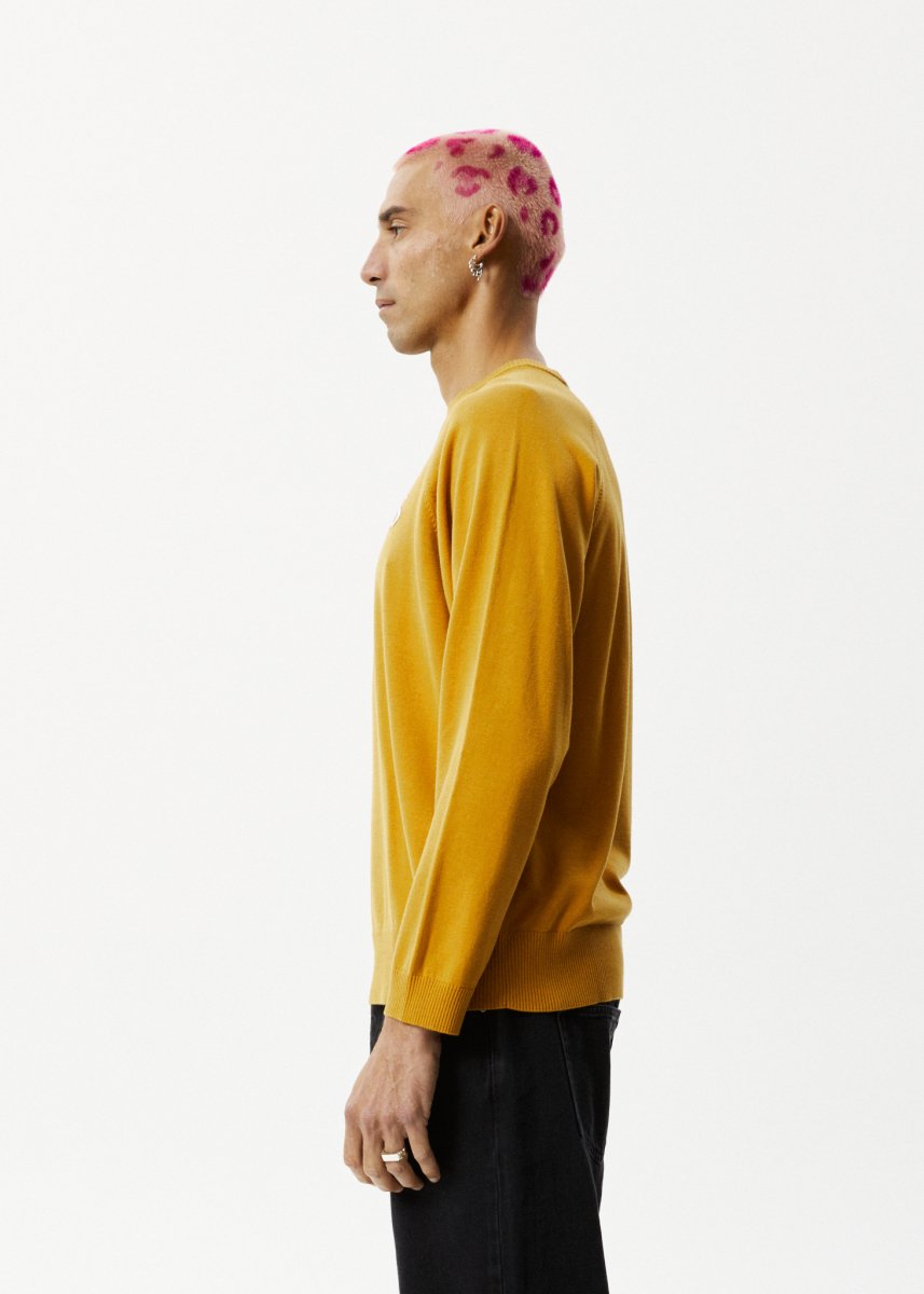 Afends Mens Farming - Knitted Crew Neck Jumper - Mustard#Mens Outer - Fleece & KnitAfends