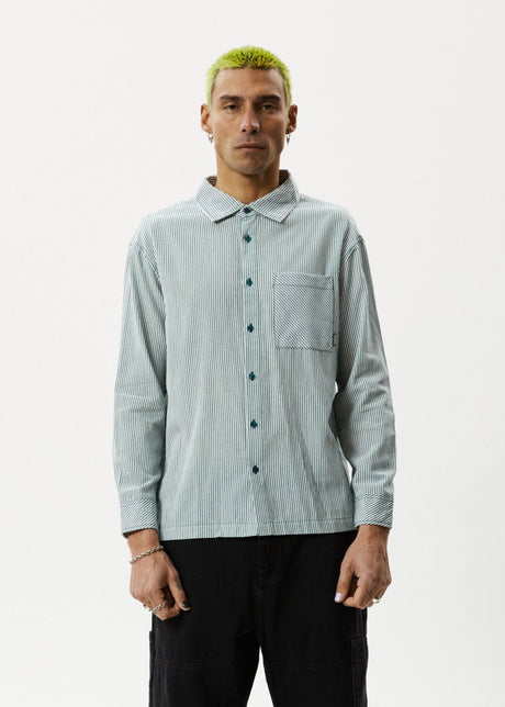 Afends Mens Intergalactic - Long Sleeve Shirt - Emerald Stripe#Mens Tops - Dress ShirtsAfends