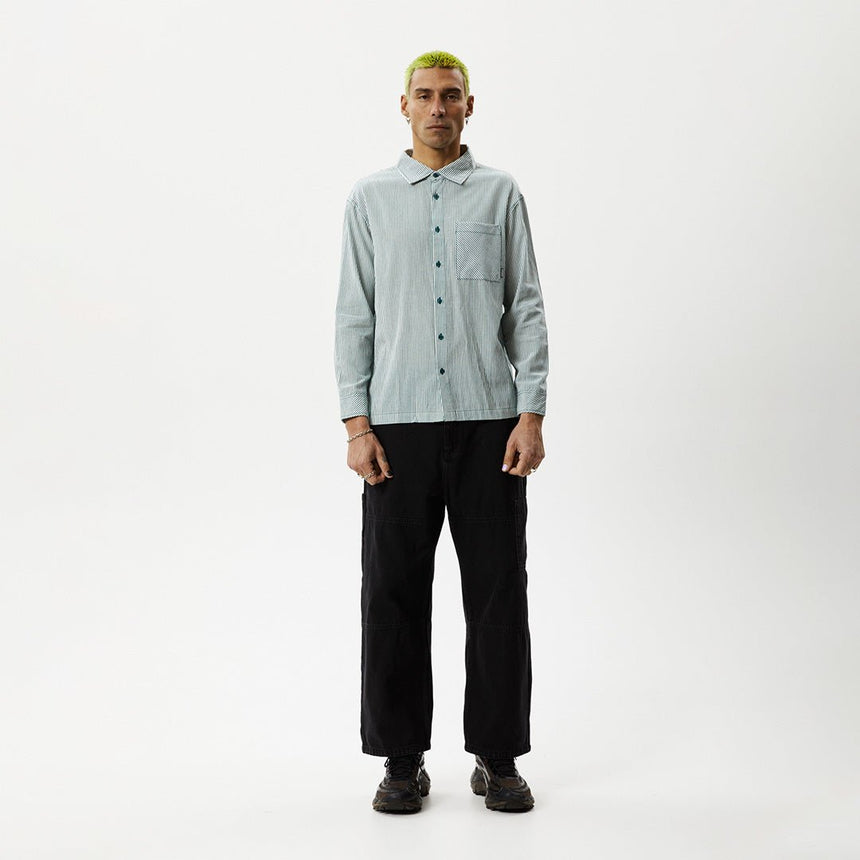 Afends Mens Intergalactic - Long Sleeve Shirt - Emerald Stripe#Mens Tops - Dress ShirtsAfends