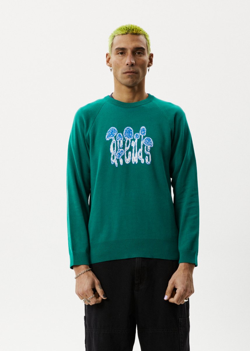 Afends Mens Psychedelic - Raglan Knitted Crew Neck Jumper - Emerald#Mens Outer - Fleece & KnitAfends