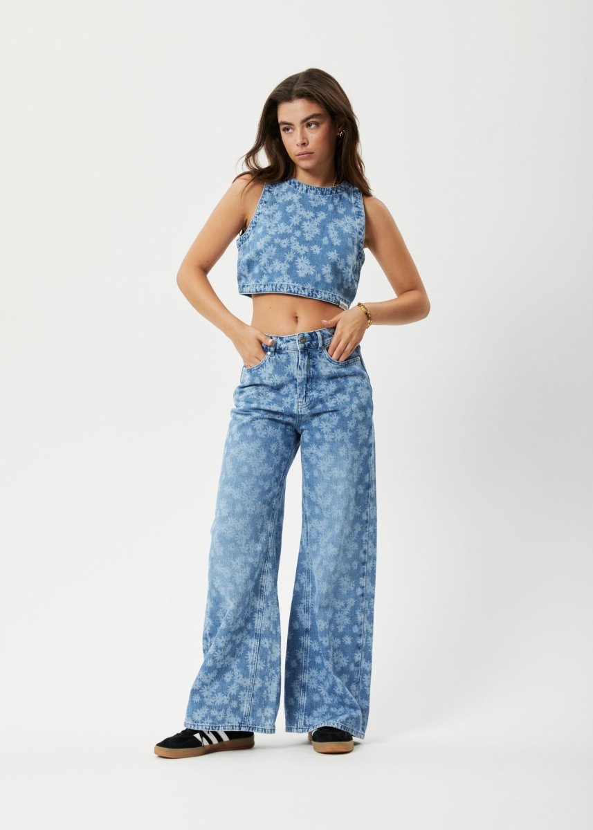 Afends Womens Fink - Hemp Denim Cropped Top - Worn Blue Daisy#Womens Tops - SleevelessAfends