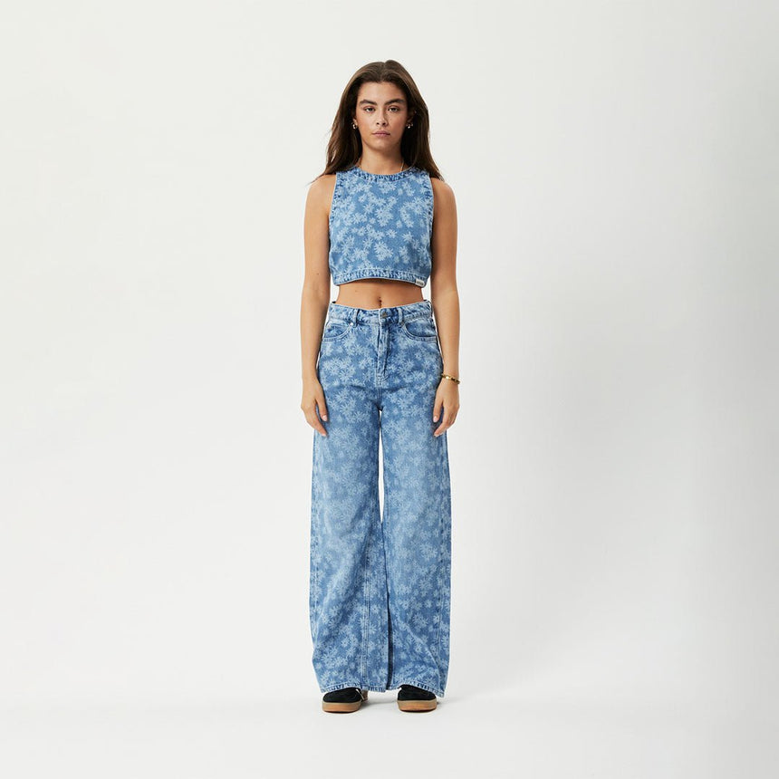 Afends Womens Fink - Hemp Denim Cropped Top - Worn Blue Daisy#Womens Tops - SleevelessAfends