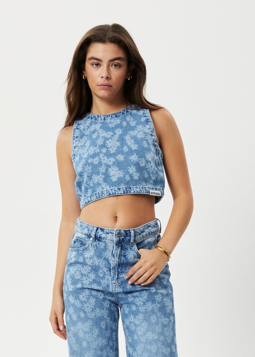 Afends Womens Fink - Hemp Denim Cropped Top - Worn Blue Daisy#Womens Tops - SleevelessAfends