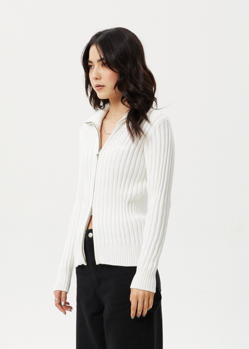 Afends Womens Vision - Knit Zip Through Cardigan - White#Womens Outer - Fleece & KnitAfends