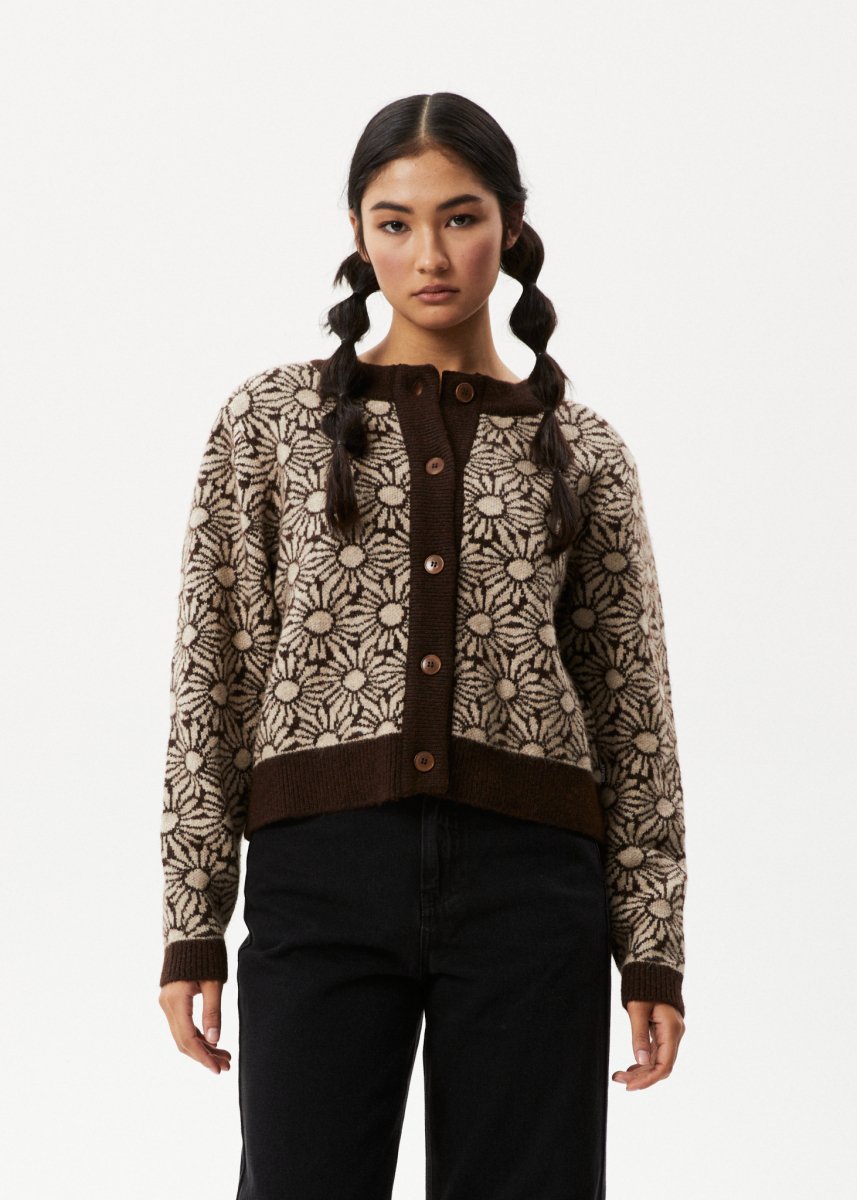 Afends Womens Dandy - Floral Knitted Cardigan - Toffee#Womens Outer - Fleece & KnitAfends