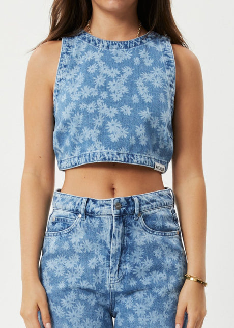 Afends Womens Fink - Hemp Denim Cropped Top - Worn Blue Daisy#Womens Tops - SleevelessAfends