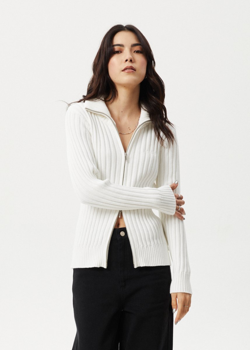 Afends Womens Vision - Knit Zip Through Cardigan - White#Womens Outer - Fleece & KnitAfends