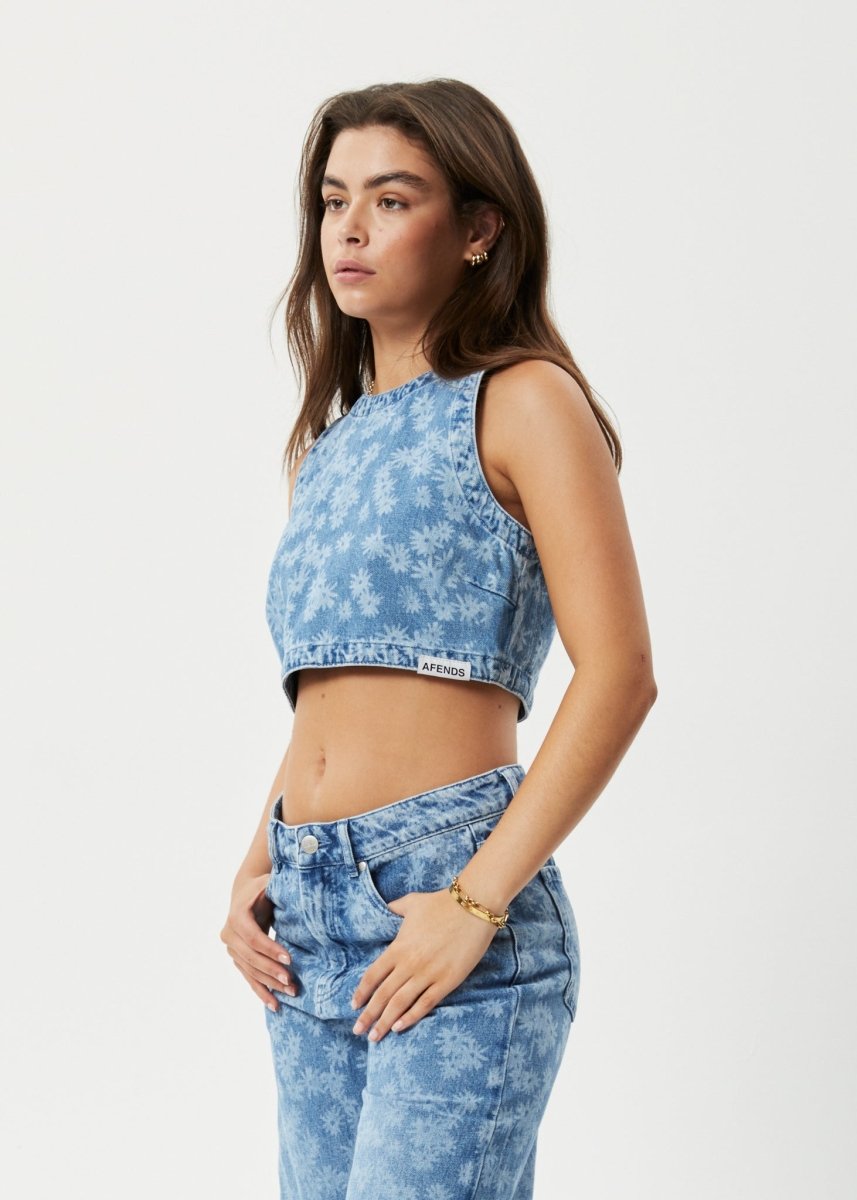 Afends Womens Fink - Hemp Denim Cropped Top - Worn Blue Daisy#Womens Tops - SleevelessAfends