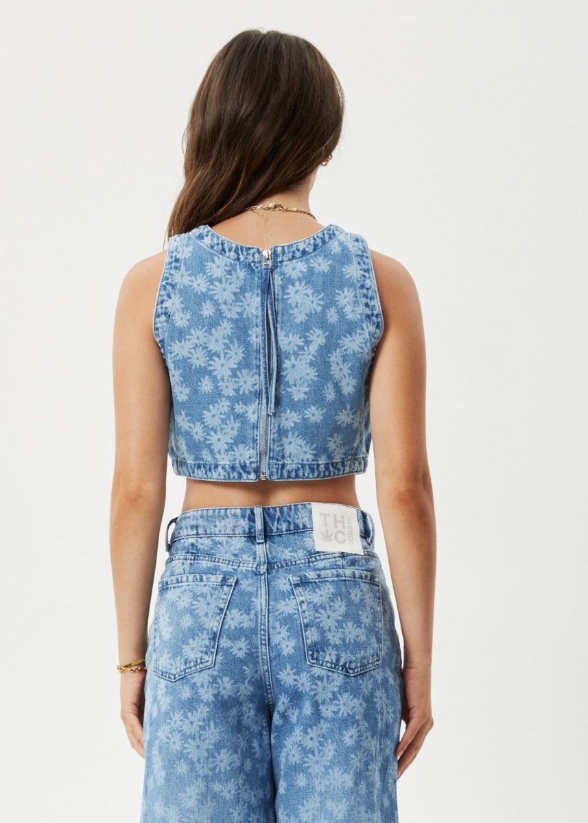 Afends Womens Fink - Hemp Denim Cropped Top - Worn Blue Daisy#Womens Tops - SleevelessAfends