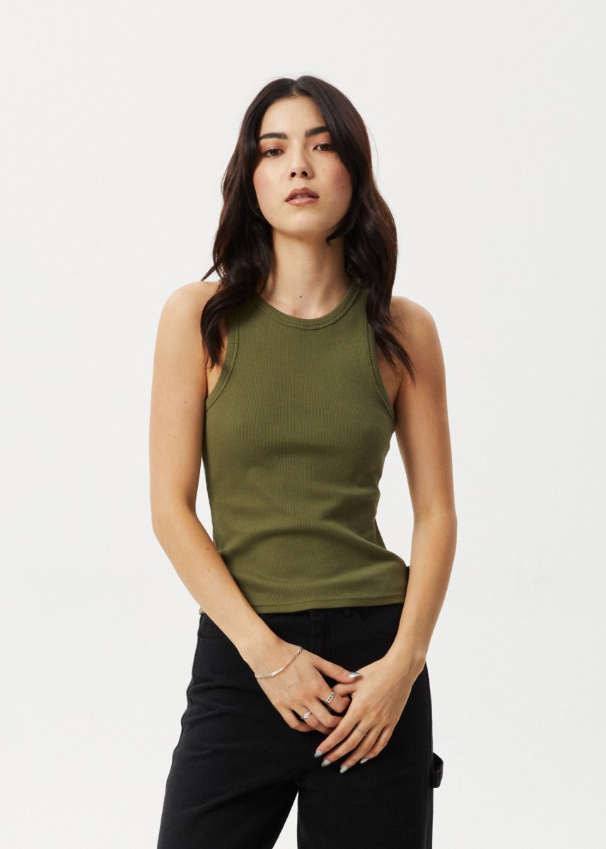 Afends Womens Lydia - Organic Rib Singlet - Military#Womens Tops - SleevelessAfends