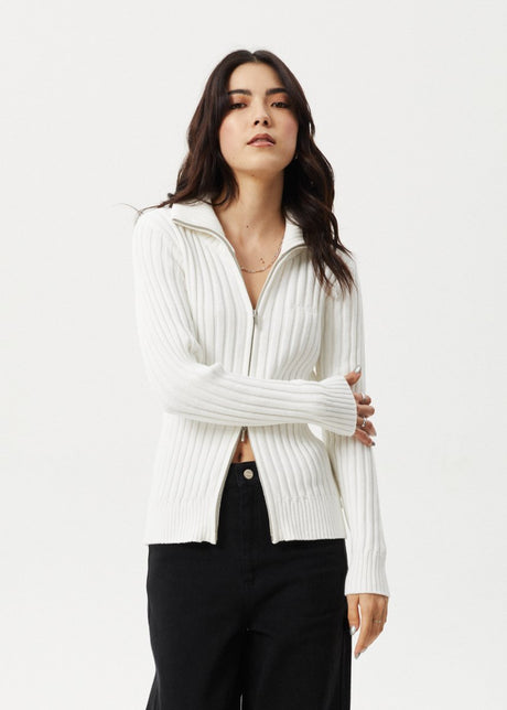 Afends Womens Vision - Knit Zip Through Cardigan - White#Womens Outer - Fleece & KnitAfends